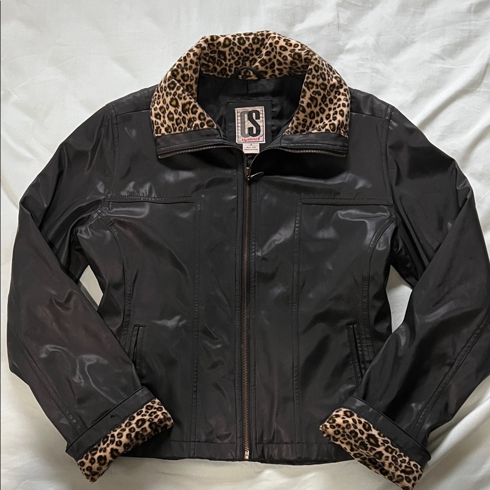 CS Sinature Vintage Leopard Trim Black Faux Leather Jacket